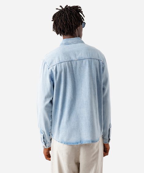 camisa masculina jeans manga longa azul