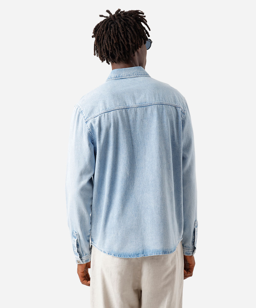 camisa masculina jeans manga longa azul