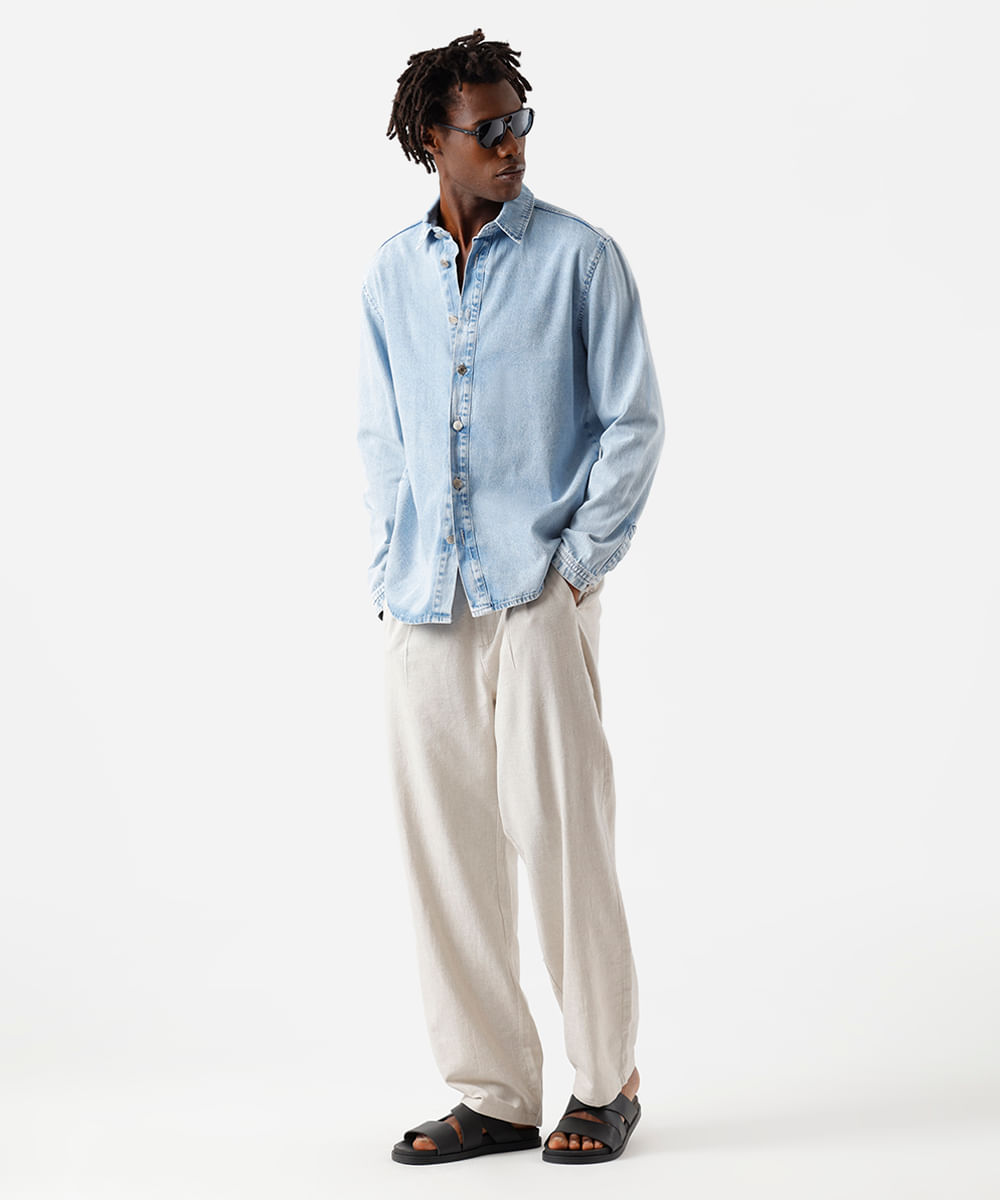 camisa masculina jeans manga longa azul