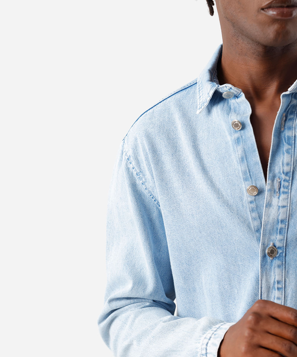 camisa masculina jeans manga longa azul