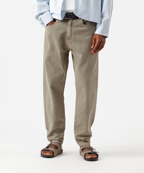 calça reta cropped masculina de sarja estonada bege