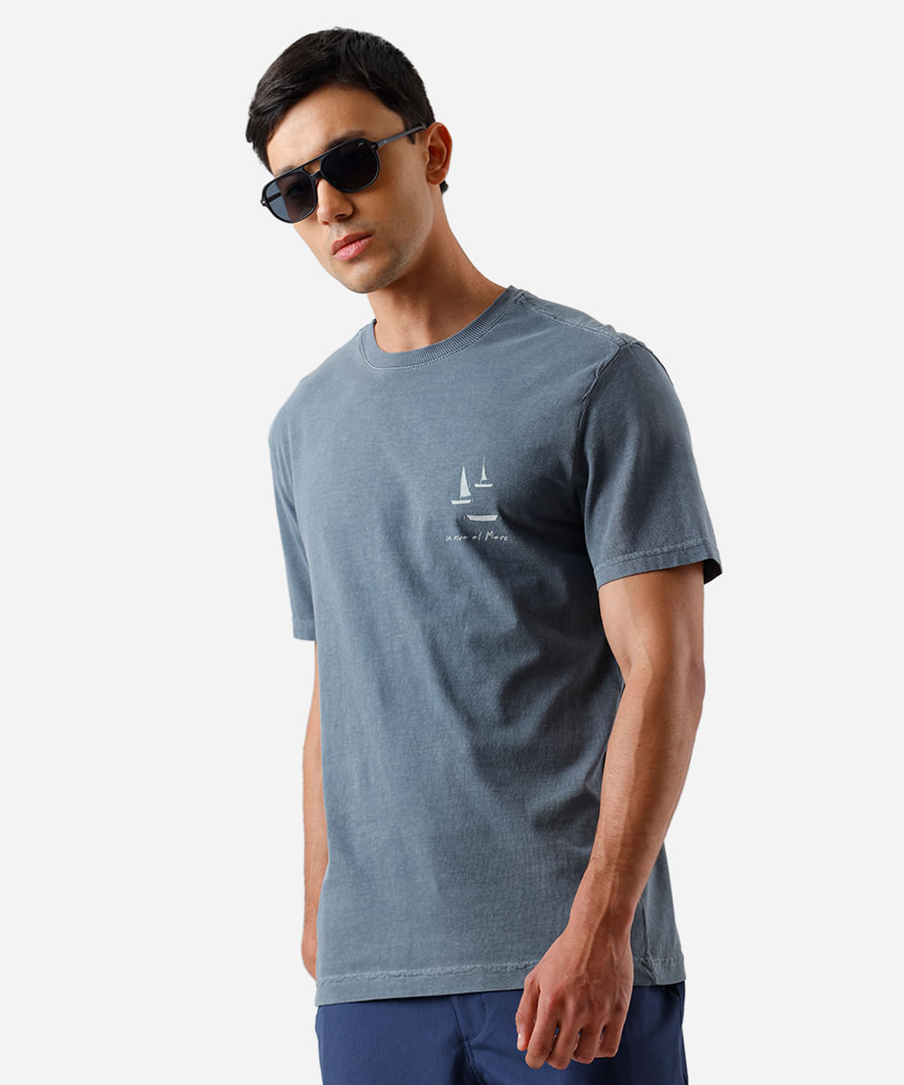 camiseta masculina de algodão estonada estampada azul