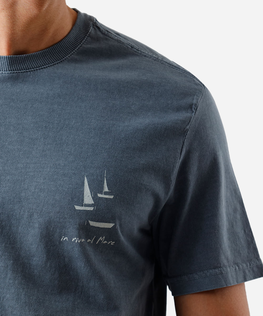 camiseta masculina de algodão estonada estampada azul