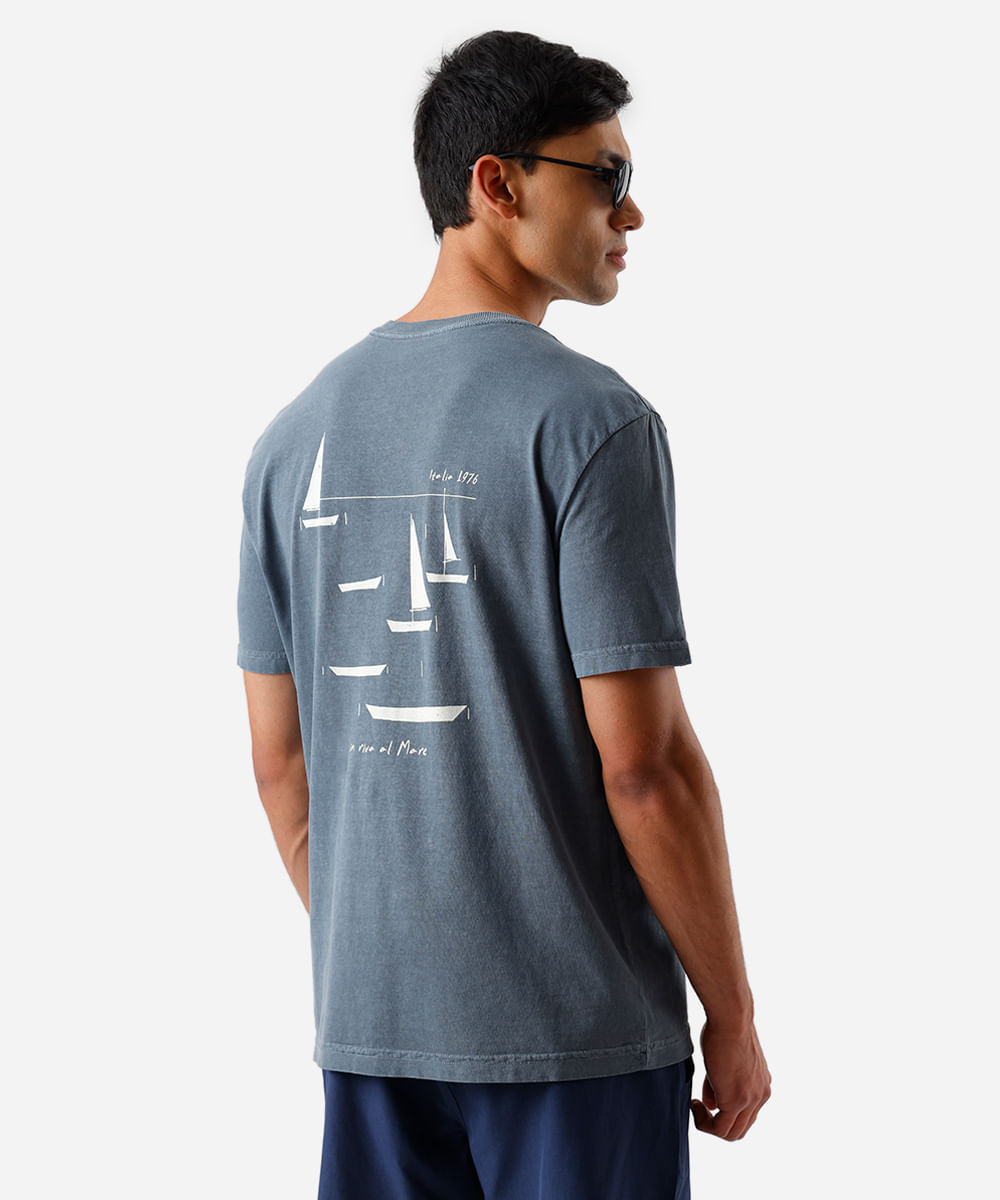 camiseta masculina de algodão estonada estampada azul