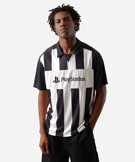 camiseta oversized masculina com gola playstation listrada preta