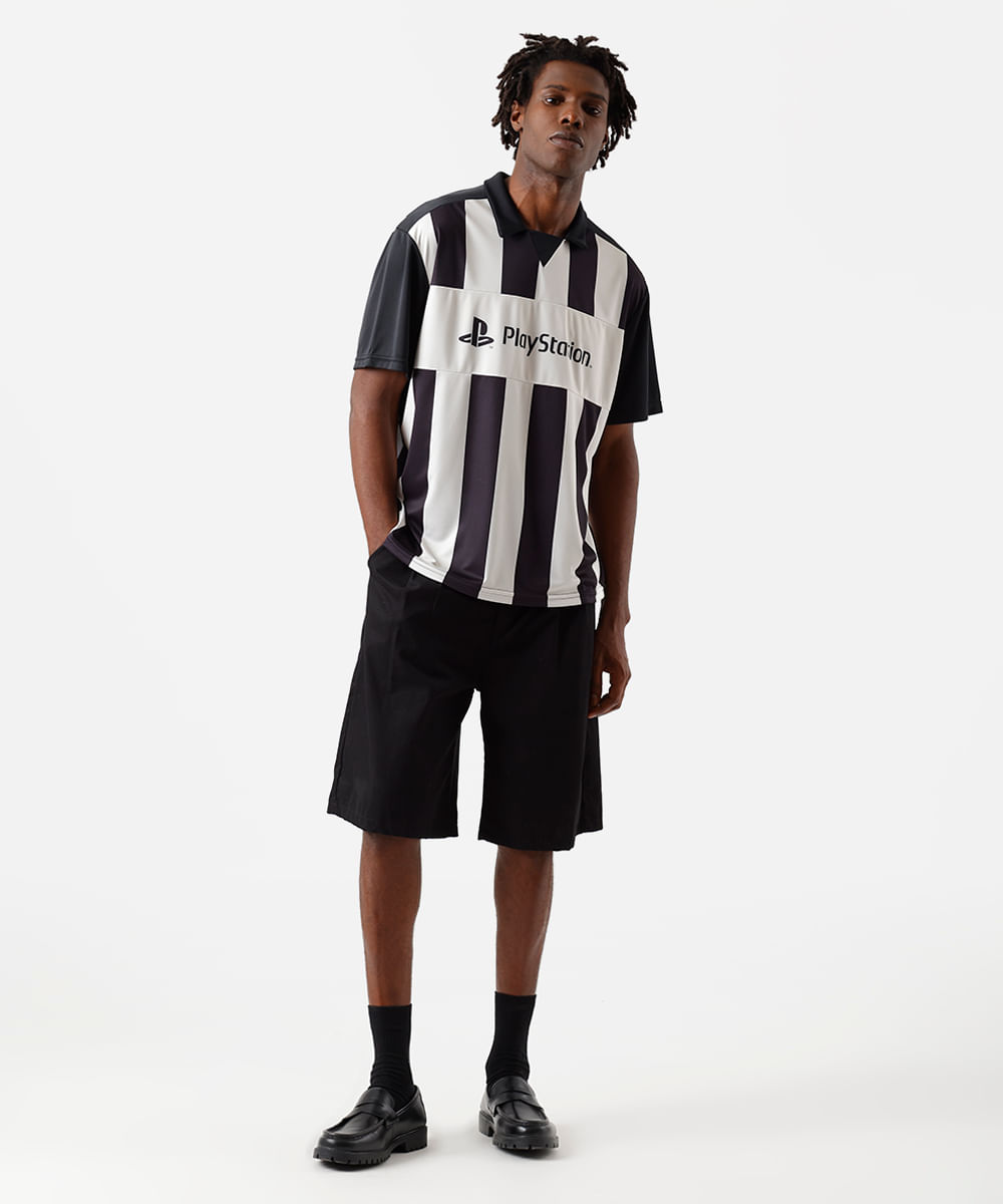 camiseta oversized masculina com gola playstation listrada preta