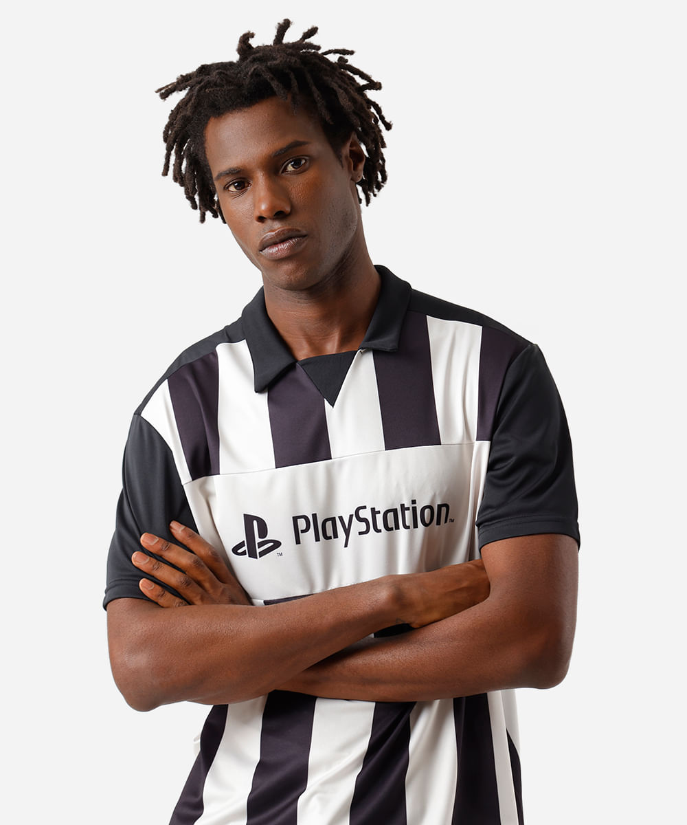 camiseta oversized masculina com gola playstation listrada preta