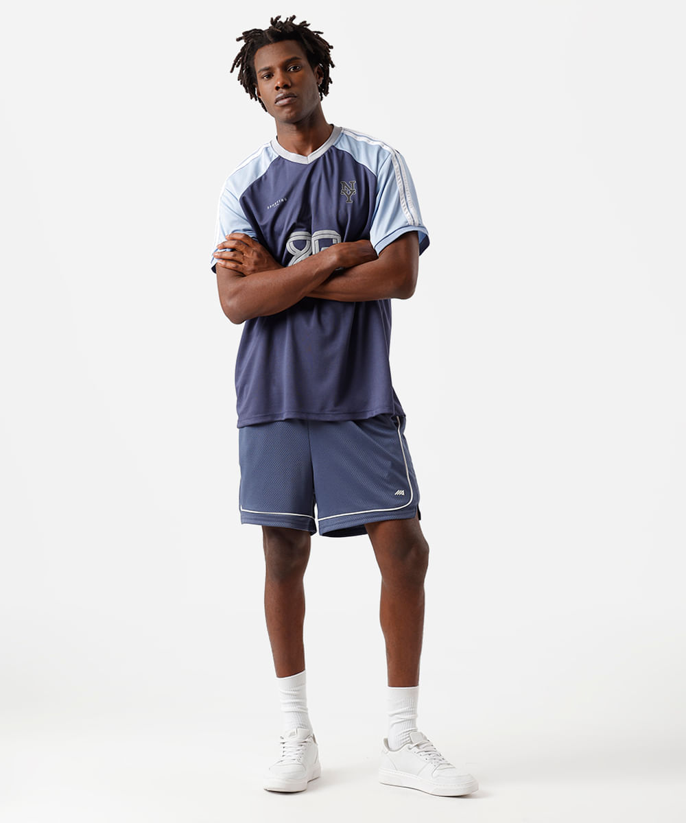 short masculino esportivo com nervuras texturizado azul