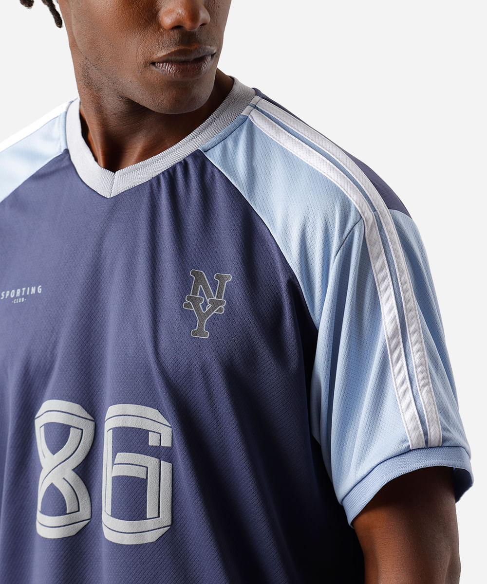 camiseta raglan masculina futebol esportiva estampada azul