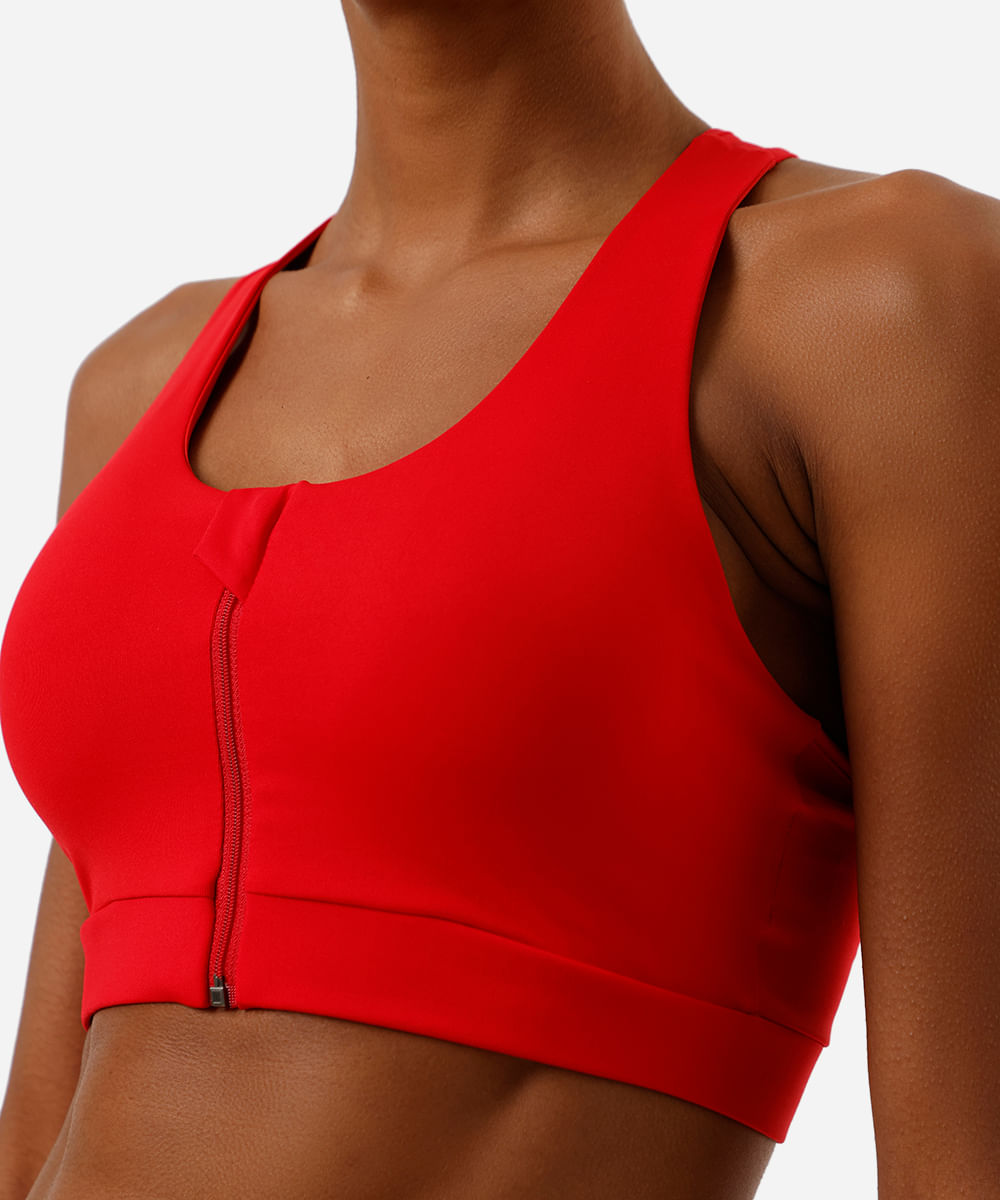 top nadador feminino esportivo com zíper vermelho