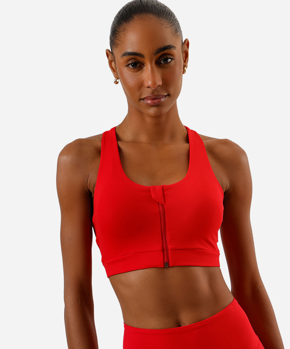 top nadador feminino esportivo com zíper vermelho