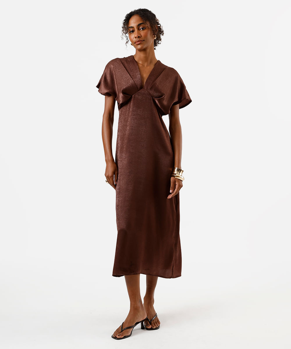 vestido midi feminino decote v com pregas acetinado - marrom