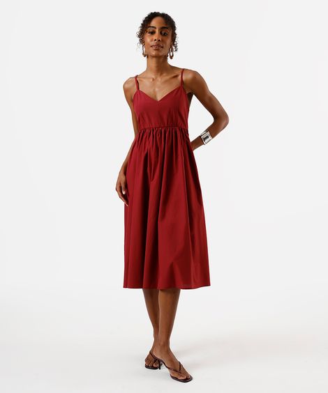 vestido midi feminino com algodão alça fina decote coração vinho