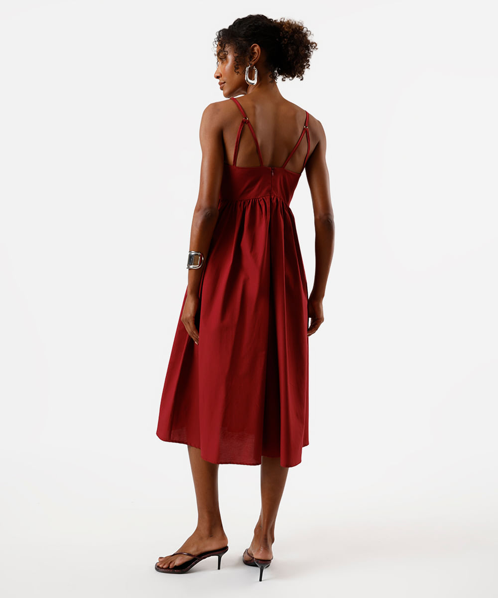 vestido midi feminino com algodão alça fina decote coração vinho