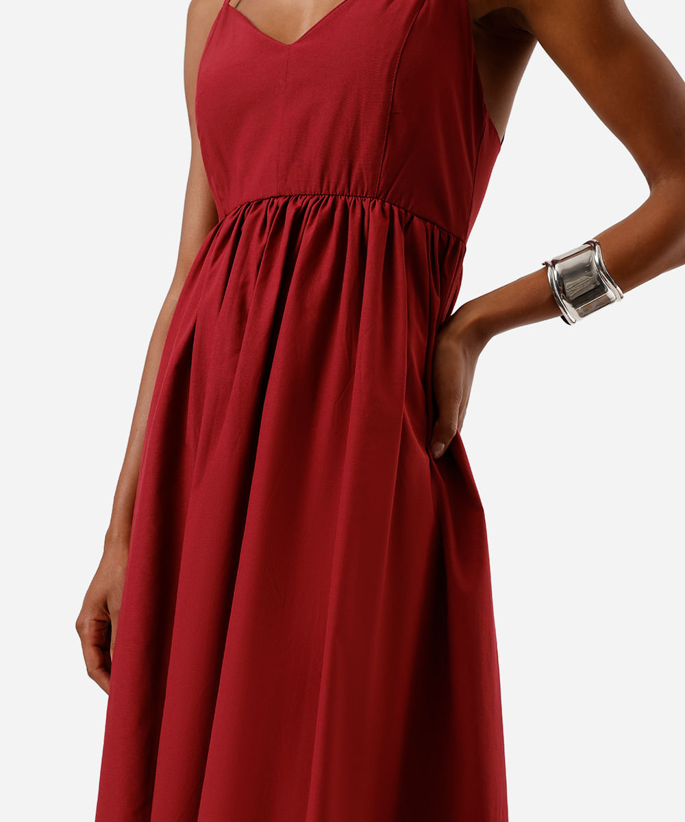 vestido midi feminino com algodão alça fina decote coração vinho