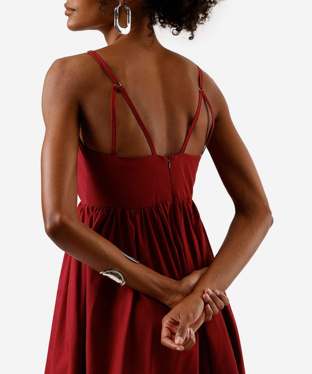 vestido midi feminino com algodão alça fina decote coração vinho
