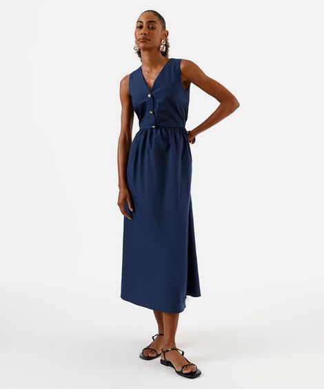 vestido midi feminino decote v com botões azul