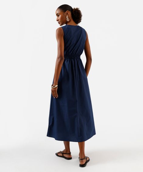 vestido midi feminino decote v com botões azul