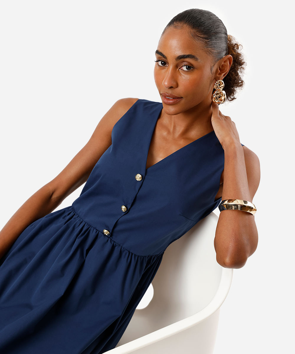 vestido midi feminino decote v com botões azul