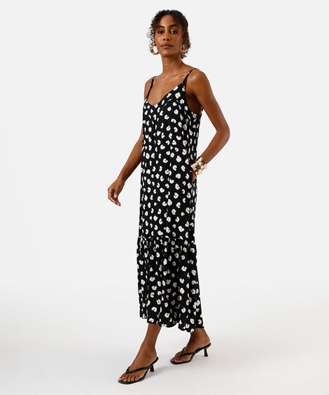 vestido midi de viscose alça fina com recorte animal print preto