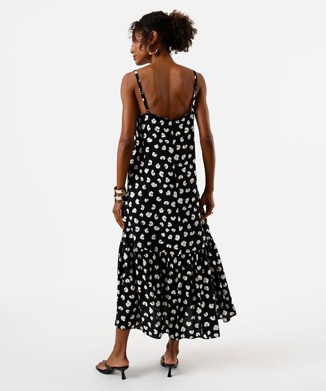 vestido midi de viscose alça fina com recorte animal print preto