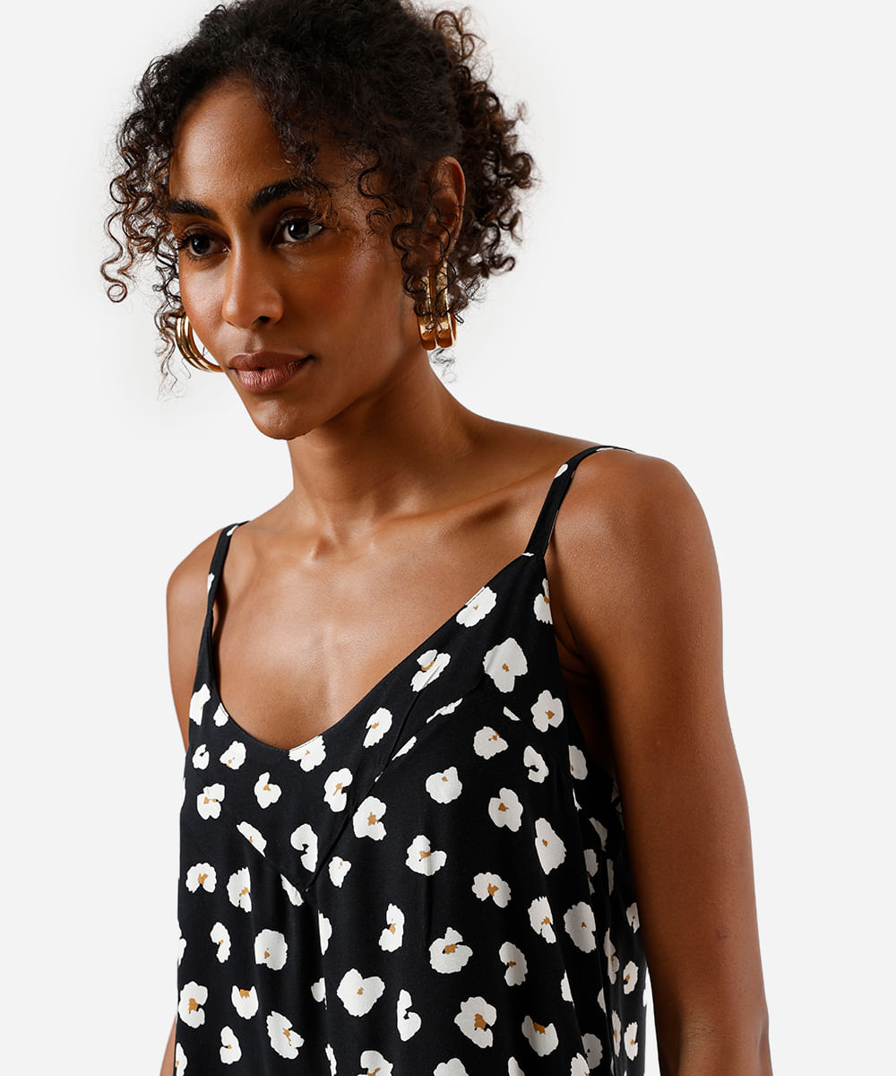 vestido midi de viscose alça fina com recorte animal print preto
