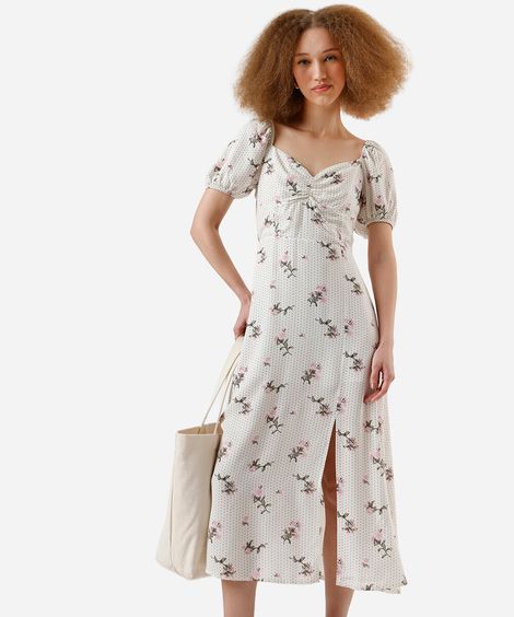 vestido midi feminino de viscose com fenda poá e floral bege