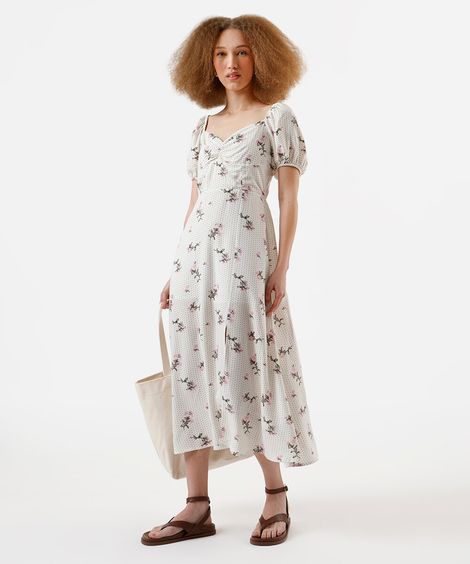 vestido midi feminino de viscose com fenda poá e floral bege