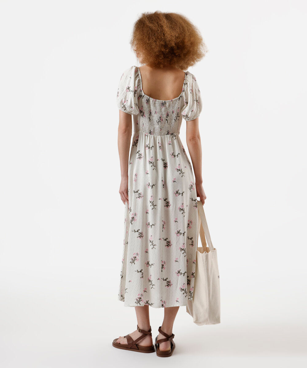 vestido midi feminino de viscose com fenda poá e floral bege