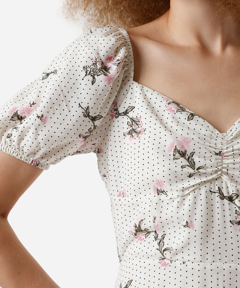 vestido midi feminino de viscose com fenda poá e floral bege