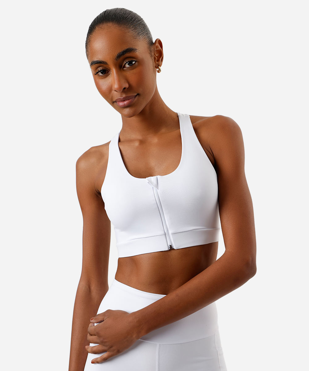 top nadador feminino esportivo com zíper branco