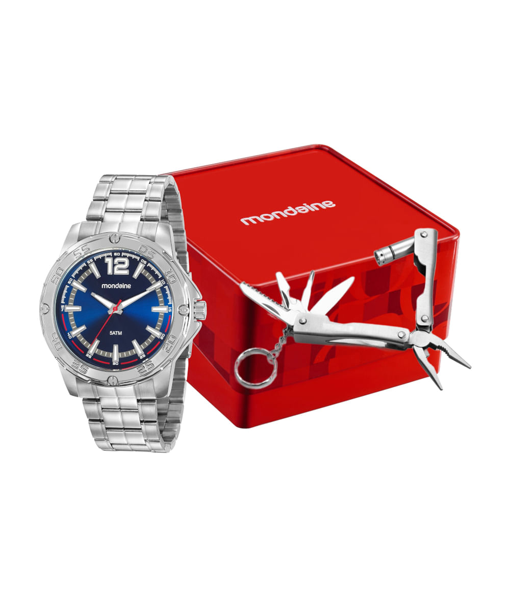 kit relógio masculino mondaine analógico 99551g0mvne2kt prateado