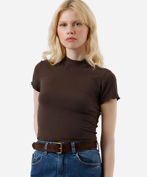 blusa de malha canelada manga curta fru fru marrom