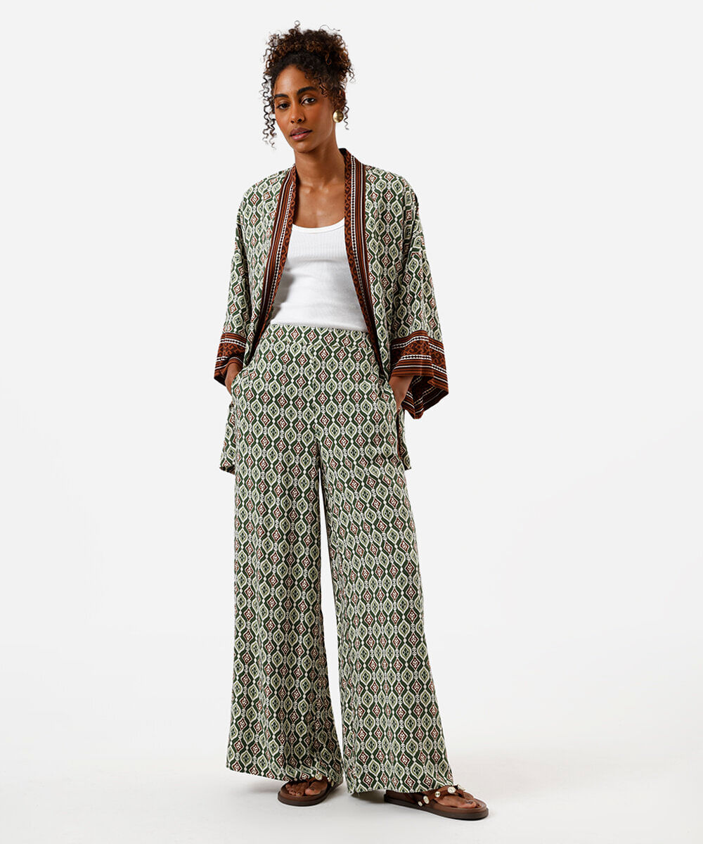 calça wide leg feminina de viscose estampada verde