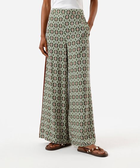 calça wide leg feminina de viscose estampada verde