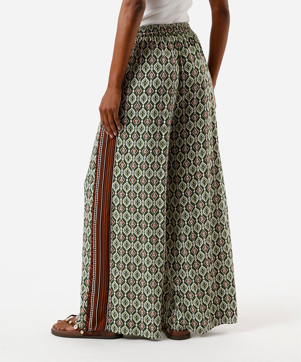calça wide leg feminina de viscose estampada verde