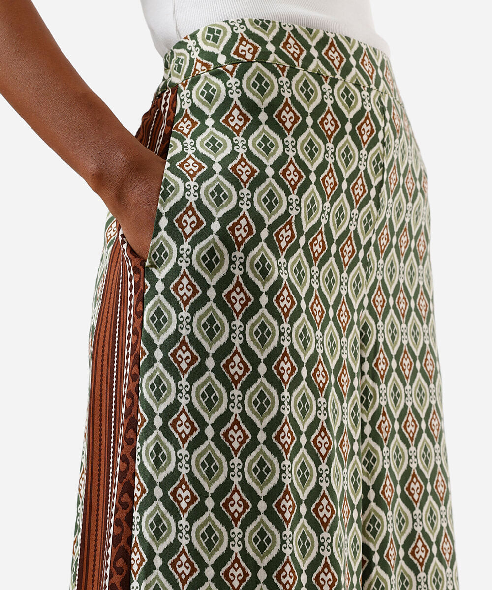 calça wide leg feminina de viscose estampada verde