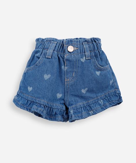 short clochard infantil jeans corações com recorte azul