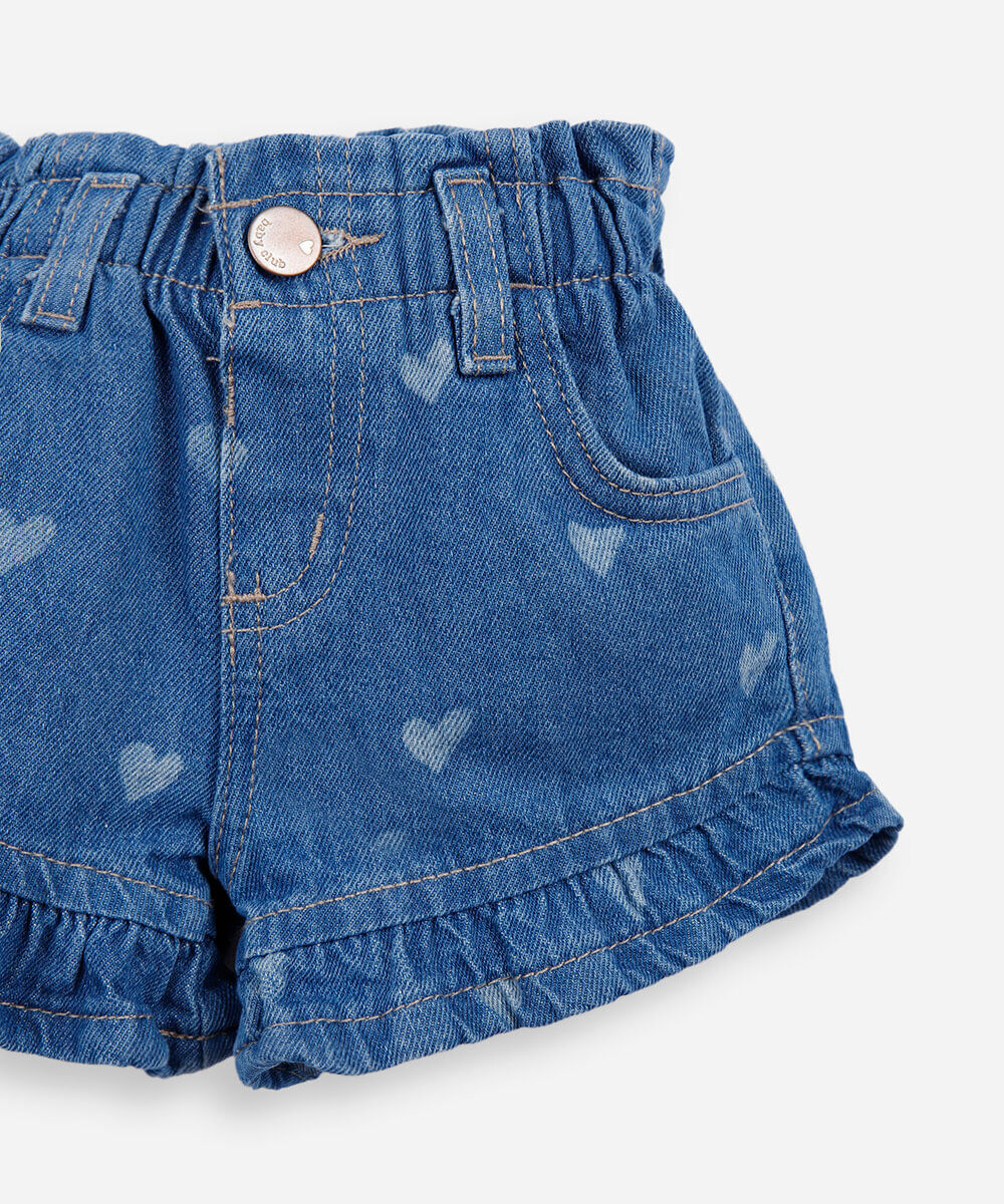short clochard infantil jeans corações com recorte azul