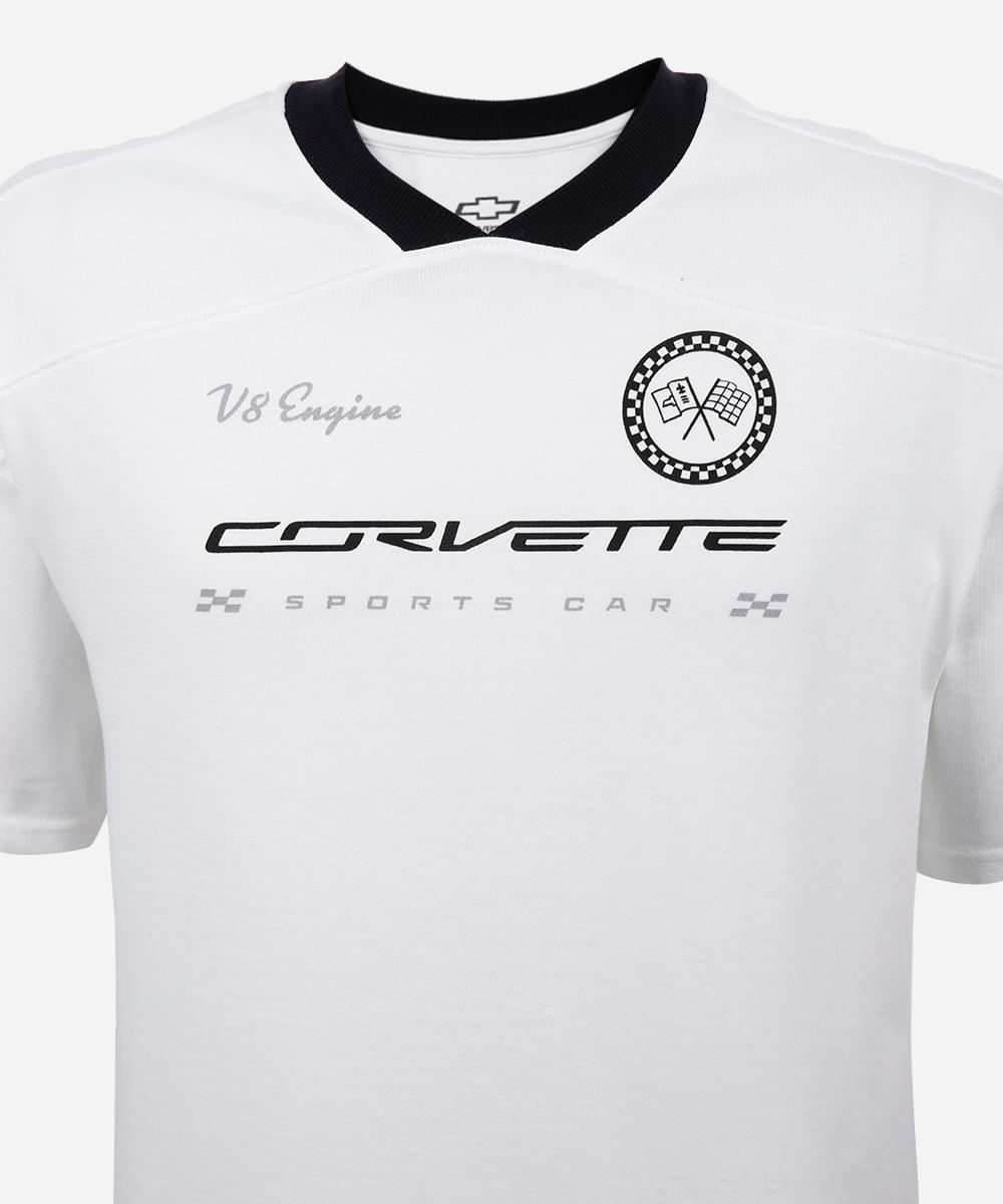camiseta juvenil de algodão gola v chevrolet off white