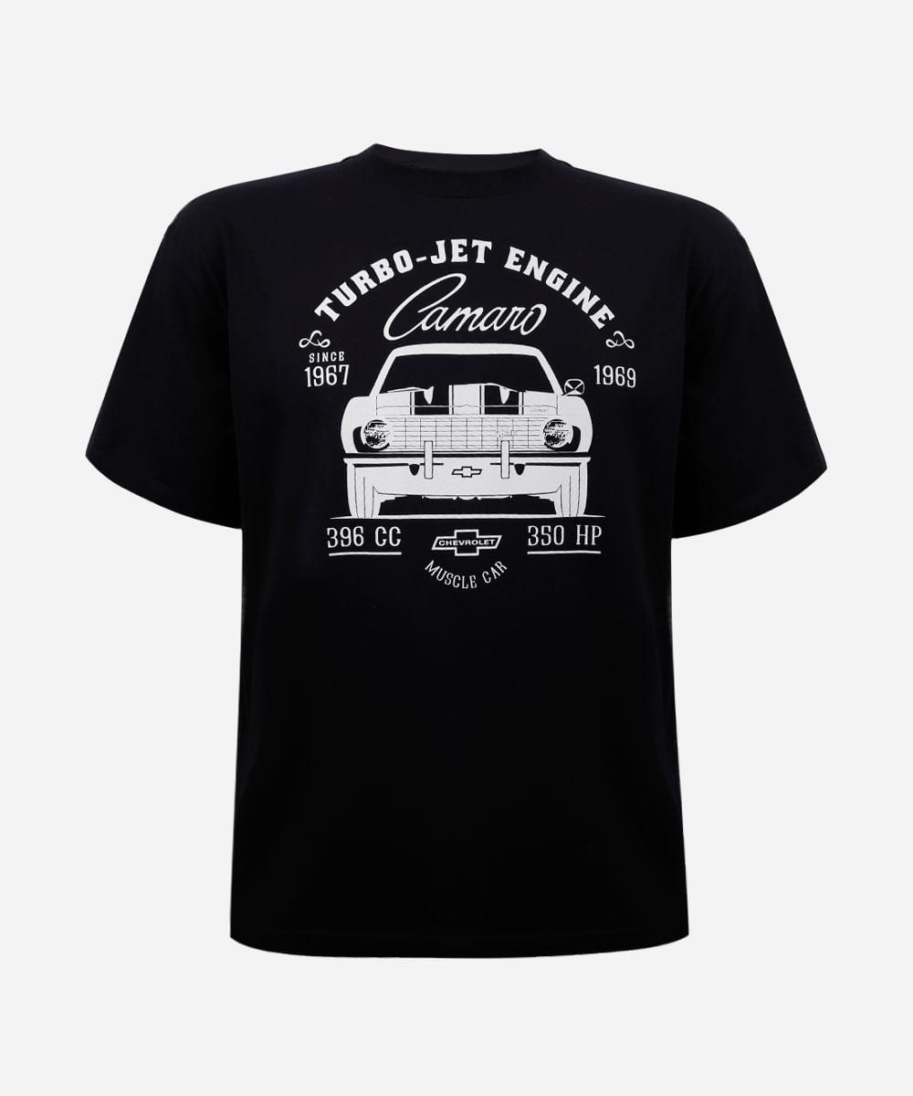 camiseta juvenil de algodão camaro chevrolet preto