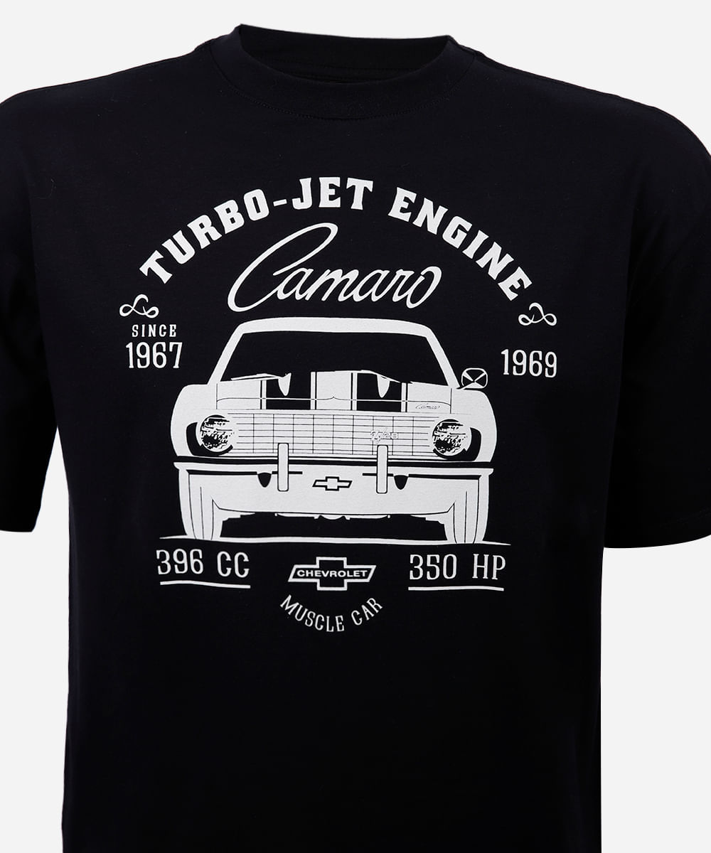 camiseta juvenil de algodão camaro chevrolet preto