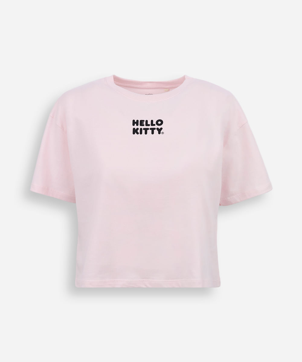 camiseta cropped juvenil de algodão hello kitty rosa