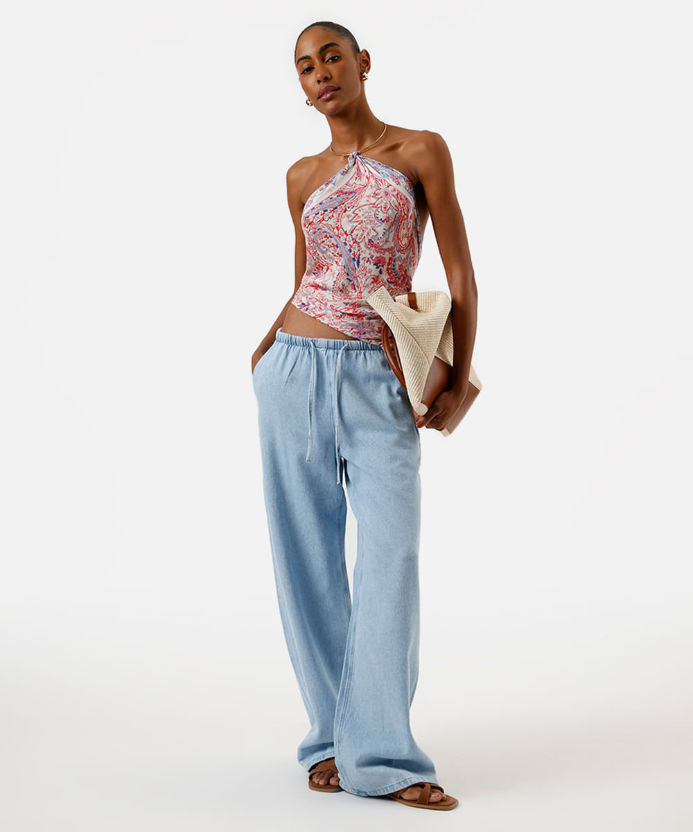 calça estilo pijama feminina jeans cós elástico azul