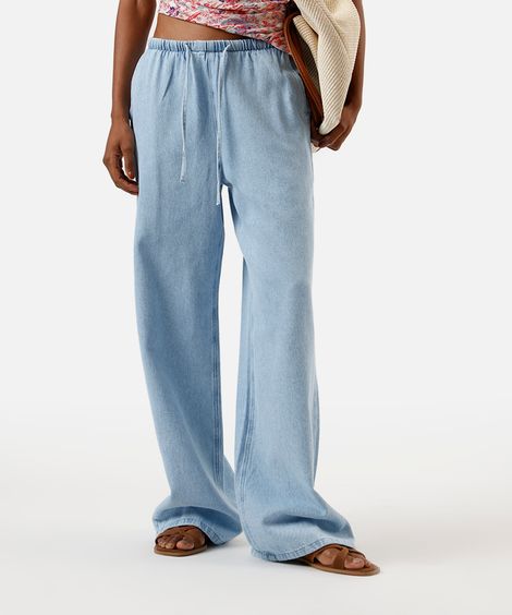calça estilo pijama feminina jeans cós elástico azul