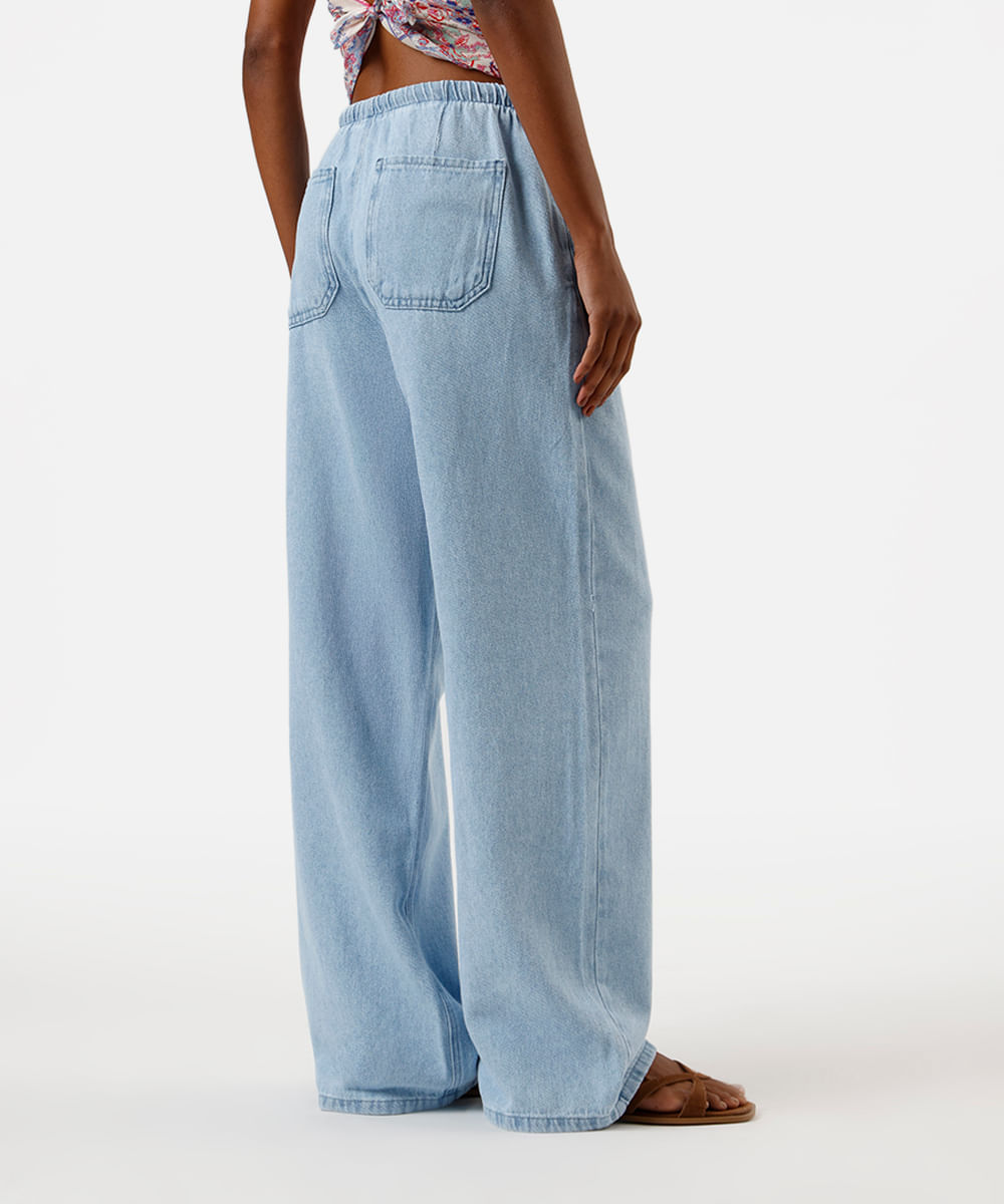 calça estilo pijama feminina jeans cós elástico azul