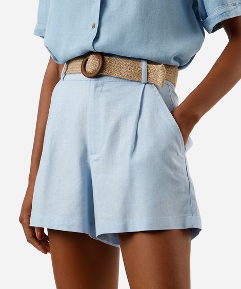 short feminino com linho cintura alta e cinto azul