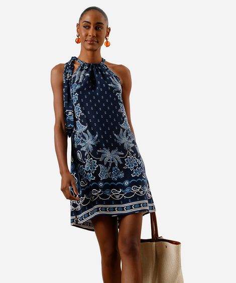 vestido curto feminino de viscose halterneck estampado azul