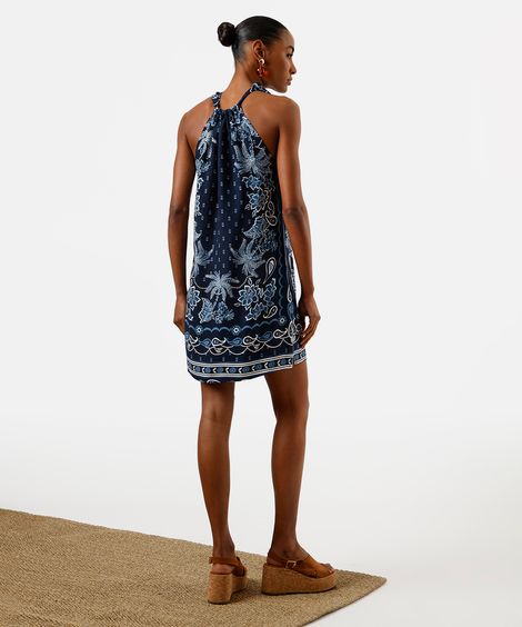 vestido curto feminino de viscose halterneck estampado azul