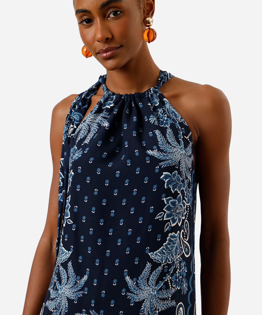 vestido curto feminino de viscose halterneck estampado azul